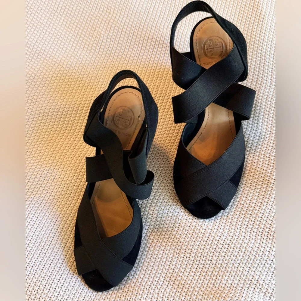 TORY BURCH Debbie Strappy Black Suede Leather Wedge Heels Sandals Women’s Shoes